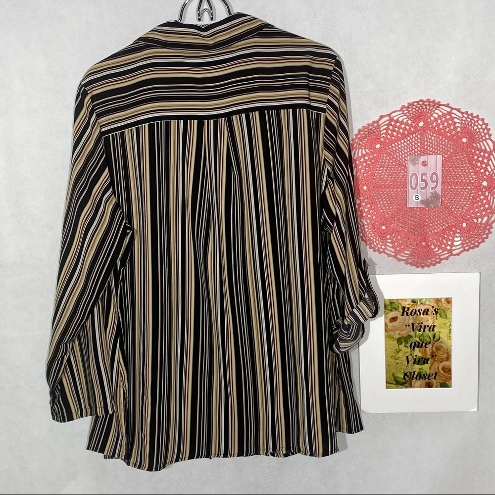 Elementz Stipped Blouse Roll-up Long Sleeve w/tab Brown, Tan, White 2X - Picture 6 of 10